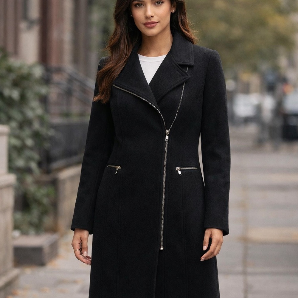Kenneth Cole Reaction Black Wool & Cashmere Zip up Button Closure Peacoat size 4